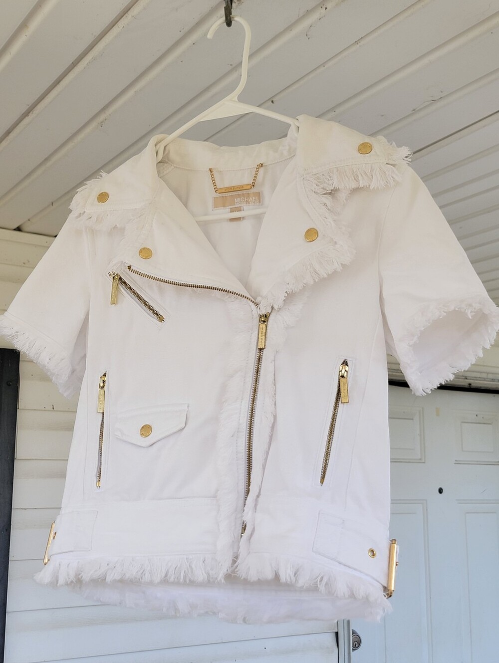Michael Kors White Short-Sleeve Frayed Moto Denim Jacket Sz M MSRP $175.00 - Picture 6 of 11